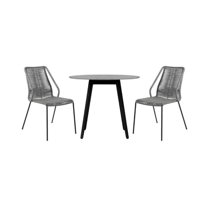 Sydney and Clip 3 Piece Outdoor Patio 36" Dining Set in Black Eucalyptus Wood and Gray Rope