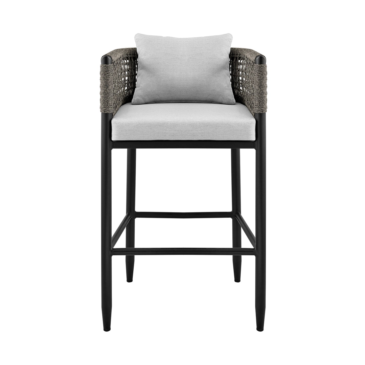 Felicia Outdoor Patio Counter Height Bar Stool in Aluminum with Gray Rope and Cushions