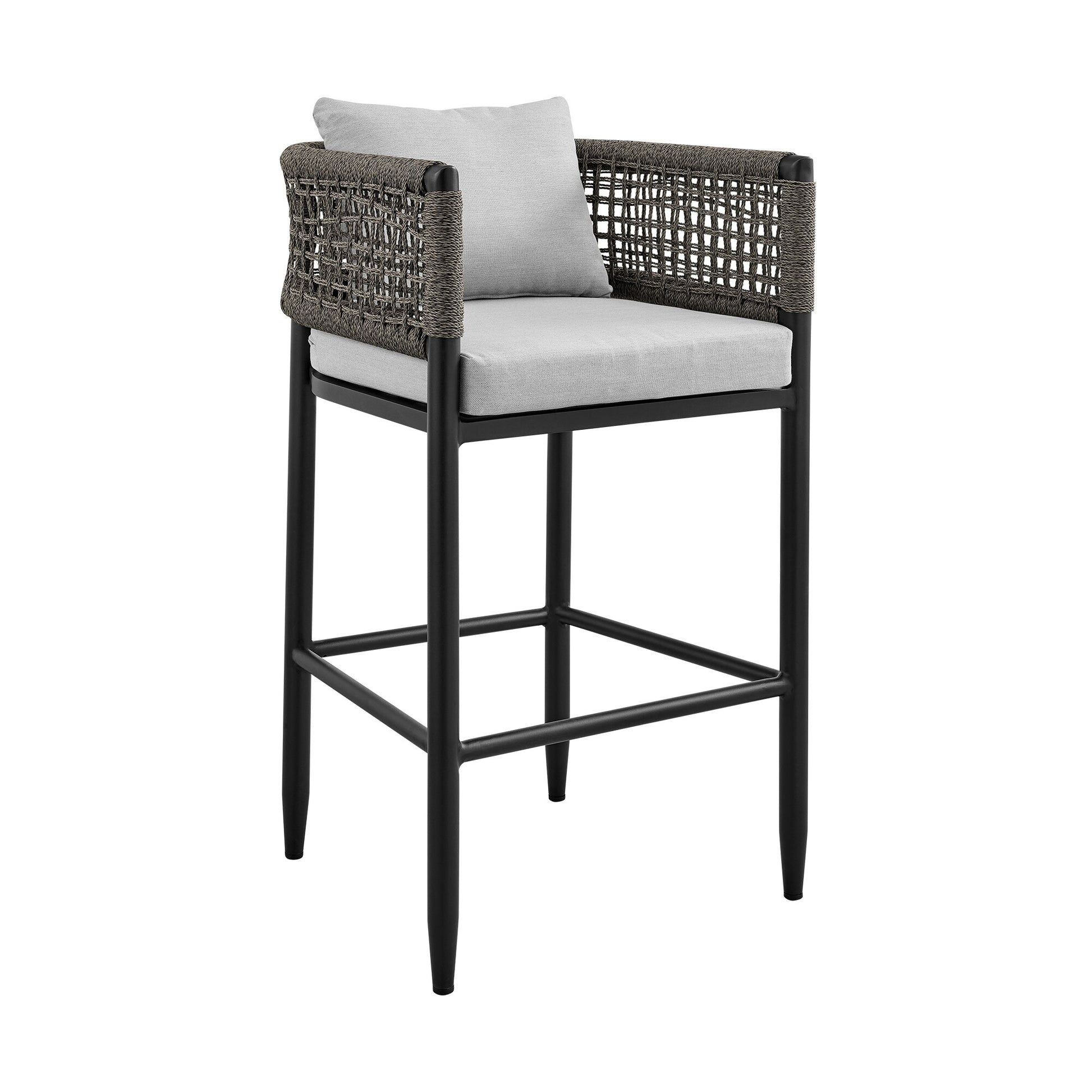 Felicia Outdoor Patio Counter Height Bar Stool in Aluminum with Gray Rope and Cushions