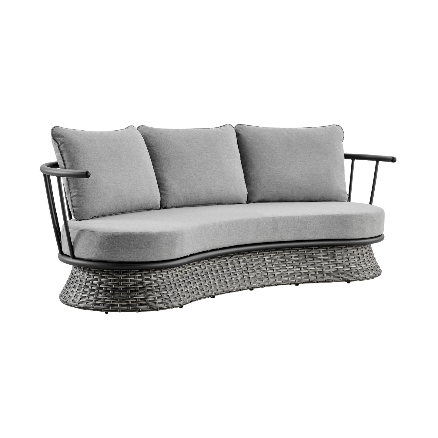 Monk 4 Piece Outdoor Patio Furniture Set in Black Aluminum and Gray Wicker with Gray Cushions