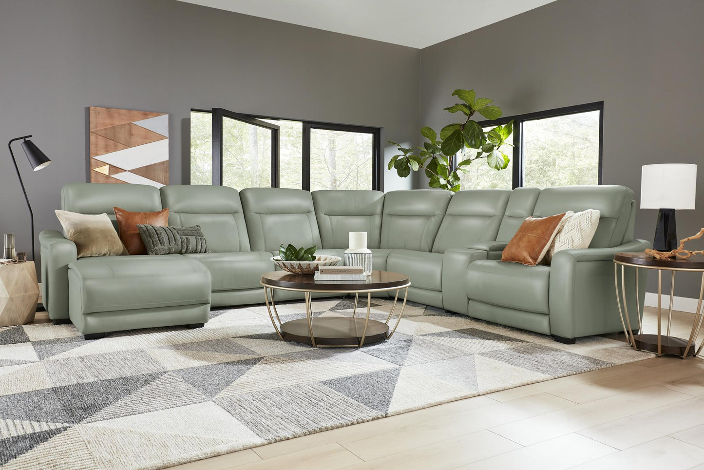 Newport 6-Piece Mint Leather Power Reclining Sectional with Chaise