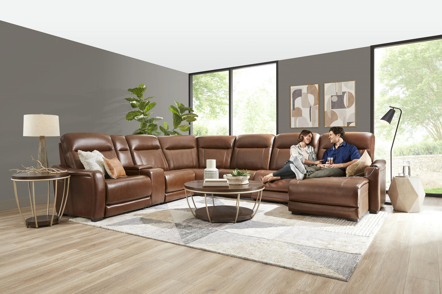 Newport 6-Piece Brown Leather Power Reclining Sectional with Chaise