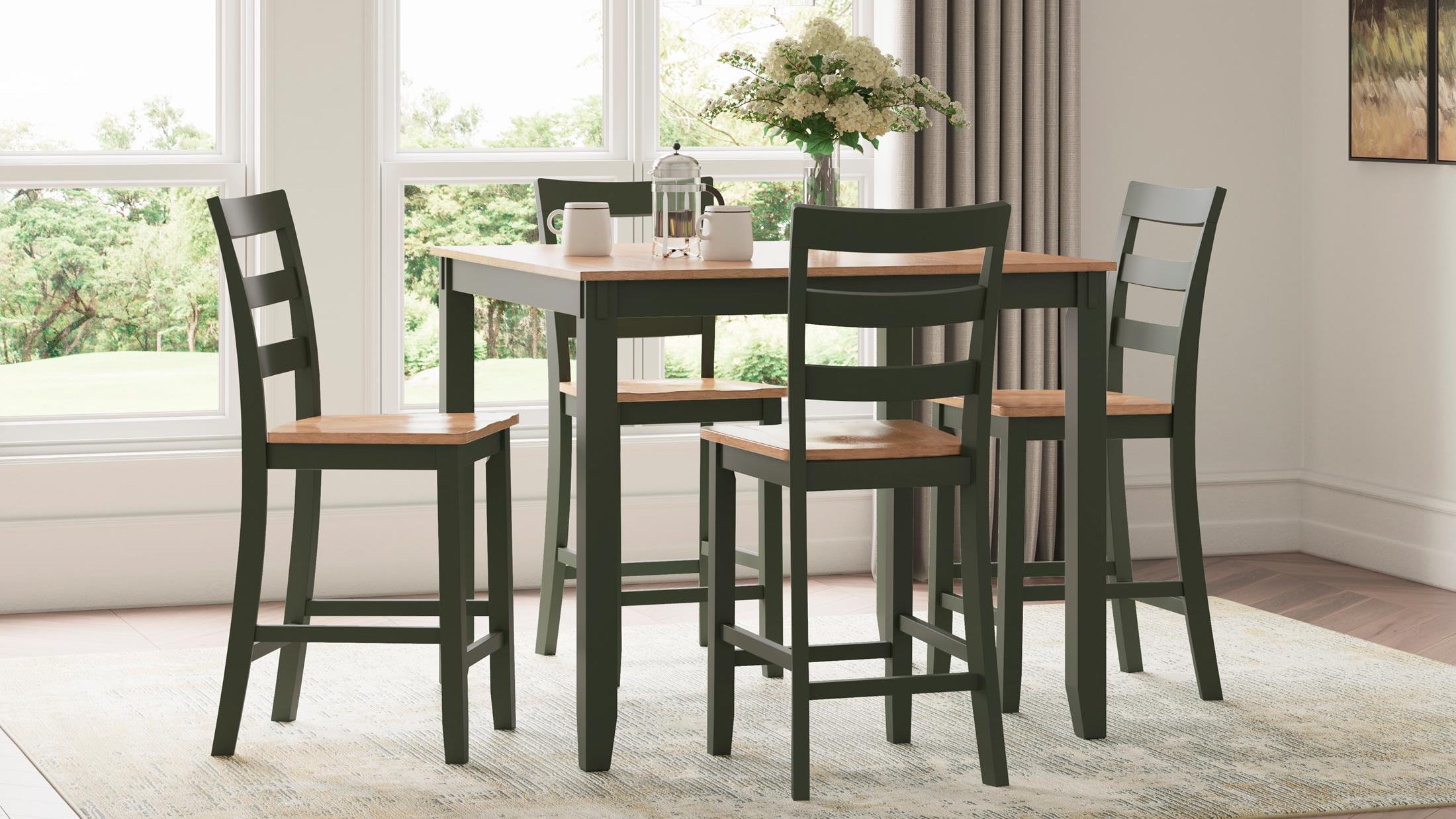 Dining room with a wooden table and chairs near a window.