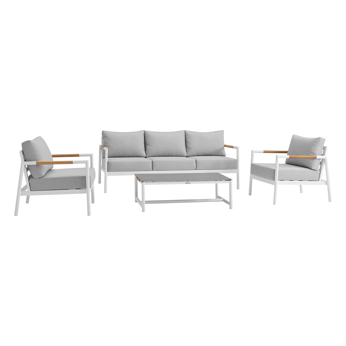 Royal 4 Piece White Aluminum and Teak Outdoor Seating Set with Light Gray Cushions