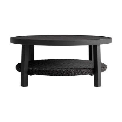 Grand Black Aluminum Outdoor Round Conversation Table with Wicker Shelf