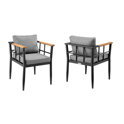 Beowulf Outdoor Patio Dining Chair in Aluminum and Teak with Gray Cushions (Set of 2)