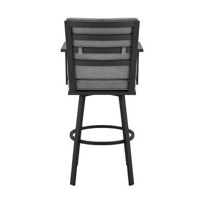 Don 30" Outdoor Patio Swivel Bar Stool in Black Aluminum with Grey Cushions