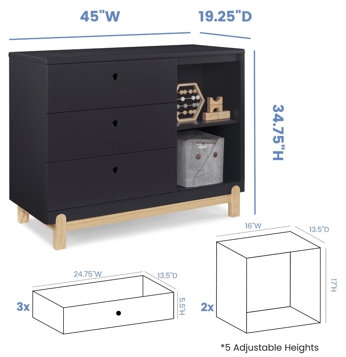 Poppy 3 Drawer Dresser with Cubbies