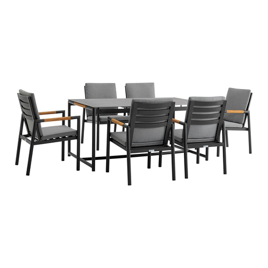 Royal 7 Piece Black Aluminum and Teak Outdoor Dining Set with Dark Gray Fabric