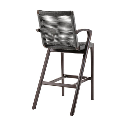 Nabila Outdoor Dark Eucalyptus Wood and Gray Rope Counter and Bar Height Stool