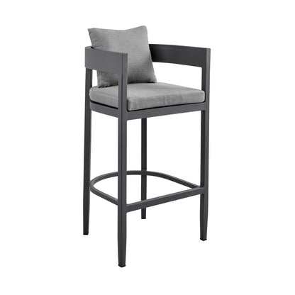 Argiope Outdoor Patio Bar Stool in Aluminum with Gray Cushions