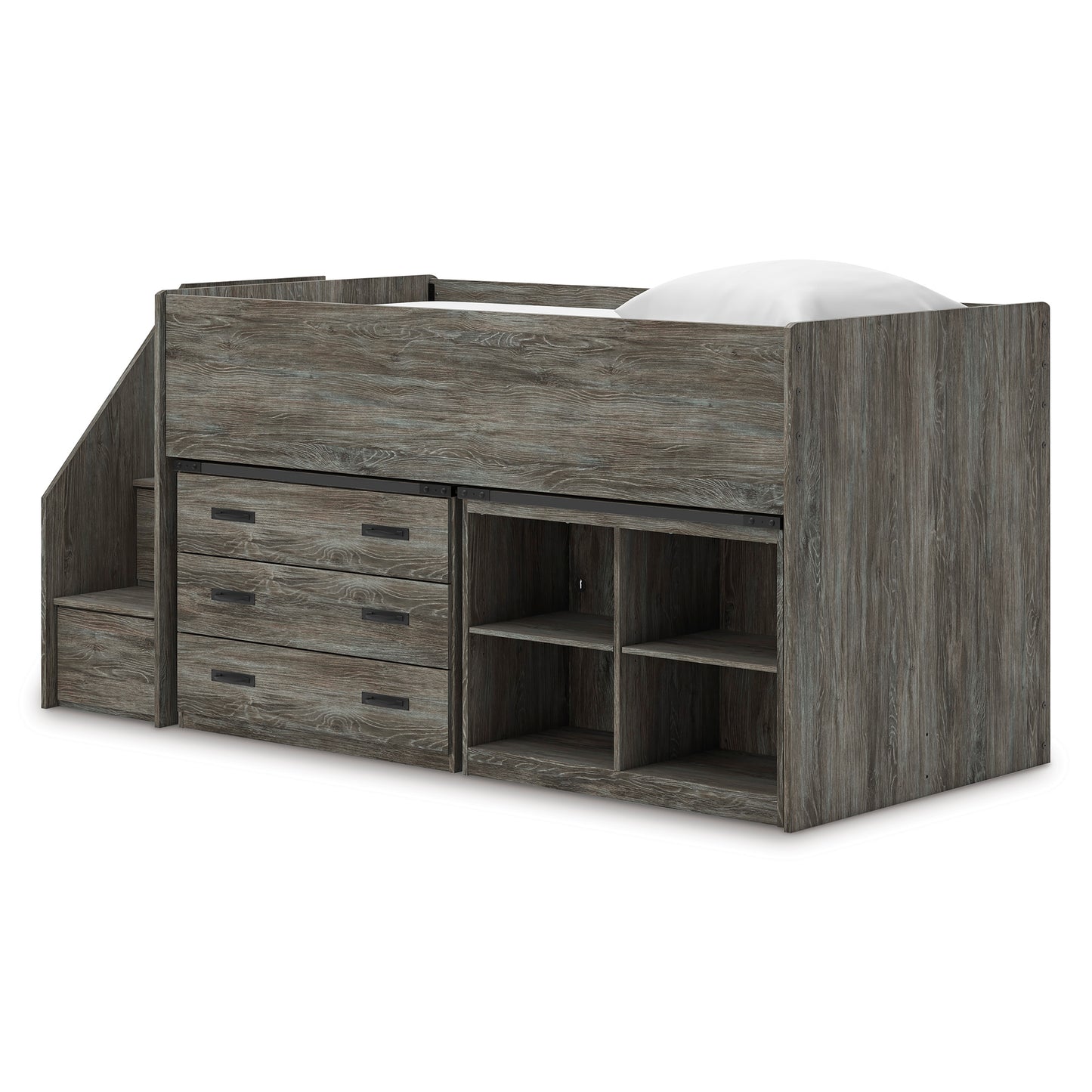 Frandern Twin Loft Bed with Bookcase and Drawer Storage
