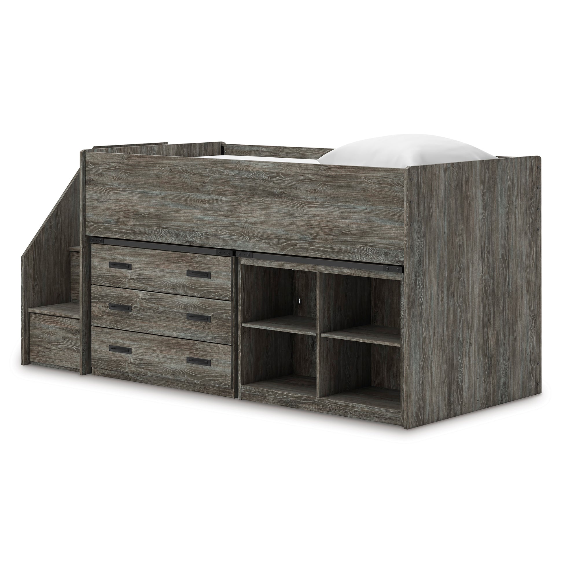 Frandern Twin Loft Bed with Bookcase and Drawer Storage