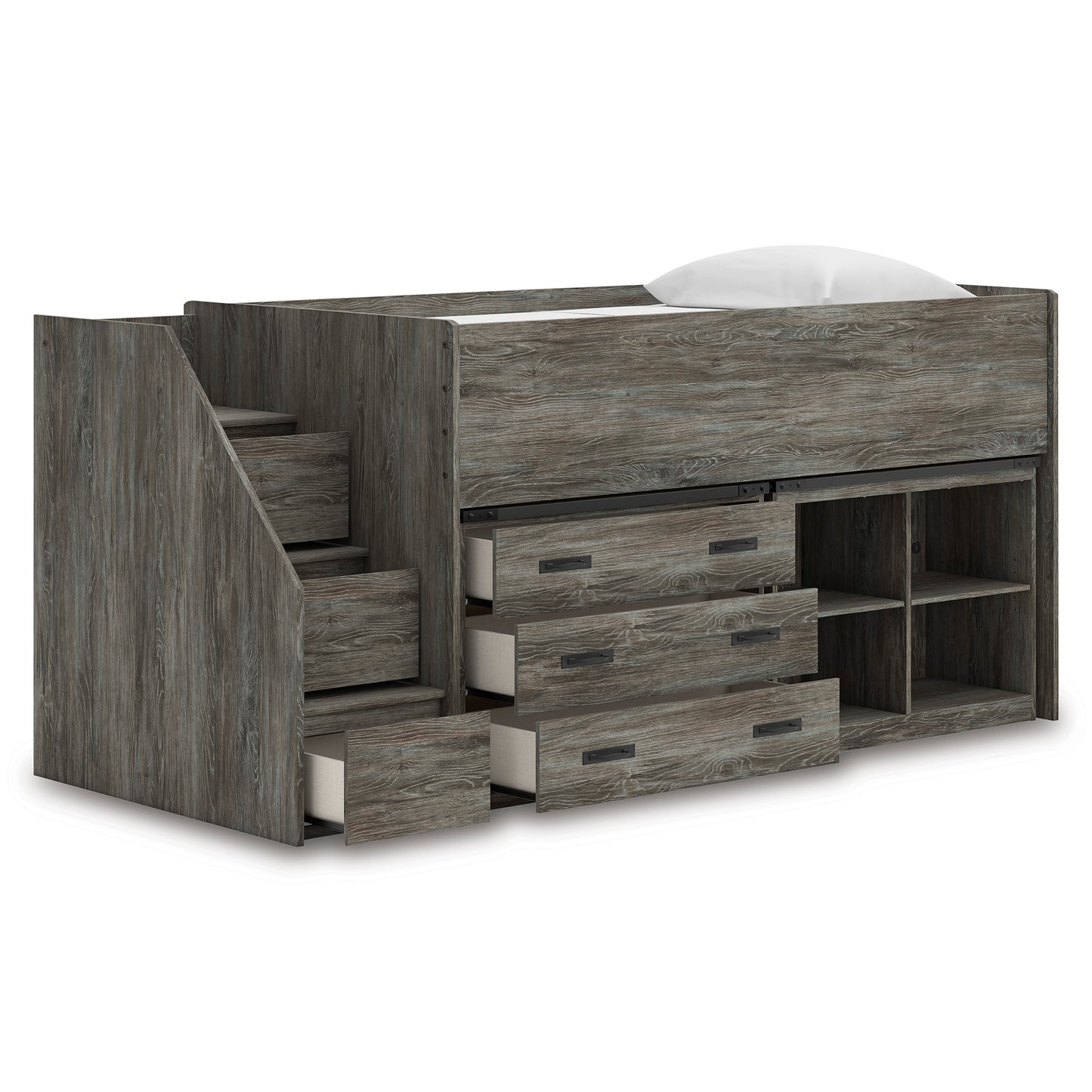 Frandern Twin Loft Bed with Bookcase and Drawer Storage
