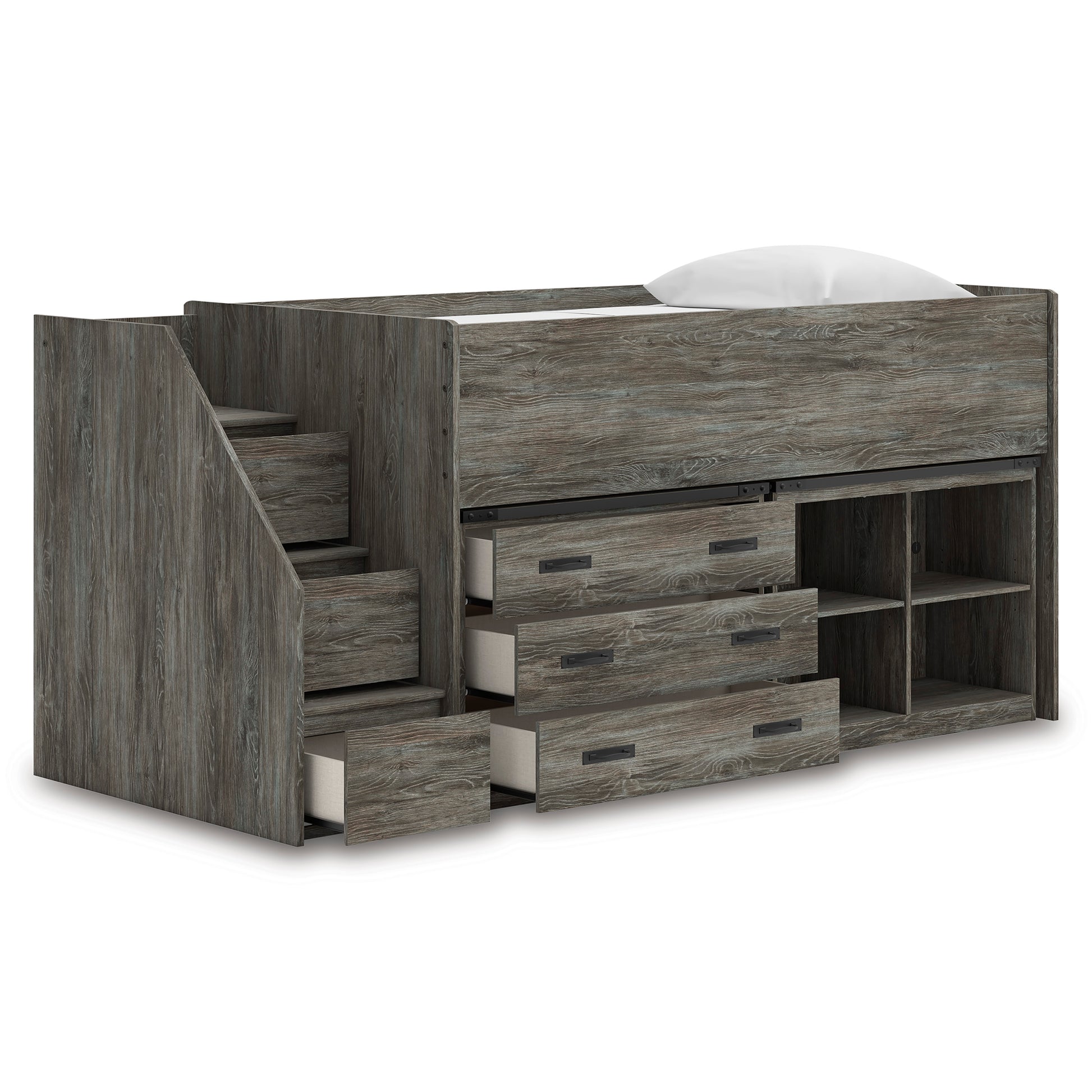 Frandern Twin Loft Bed with Bookcase and Drawer Storage