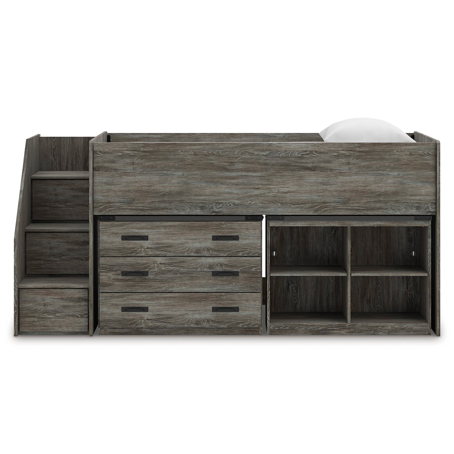 Frandern Twin Loft Bed with Bookcase and Drawer Storage