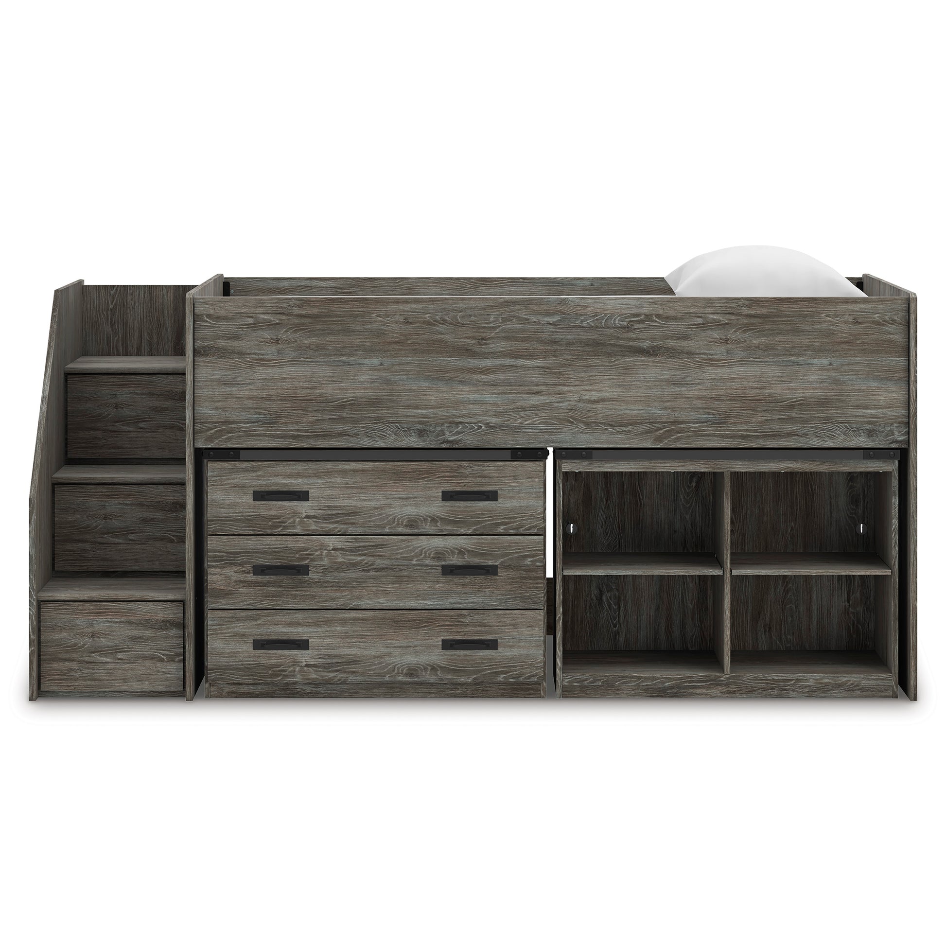 Frandern Twin Loft Bed with Bookcase and Drawer Storage