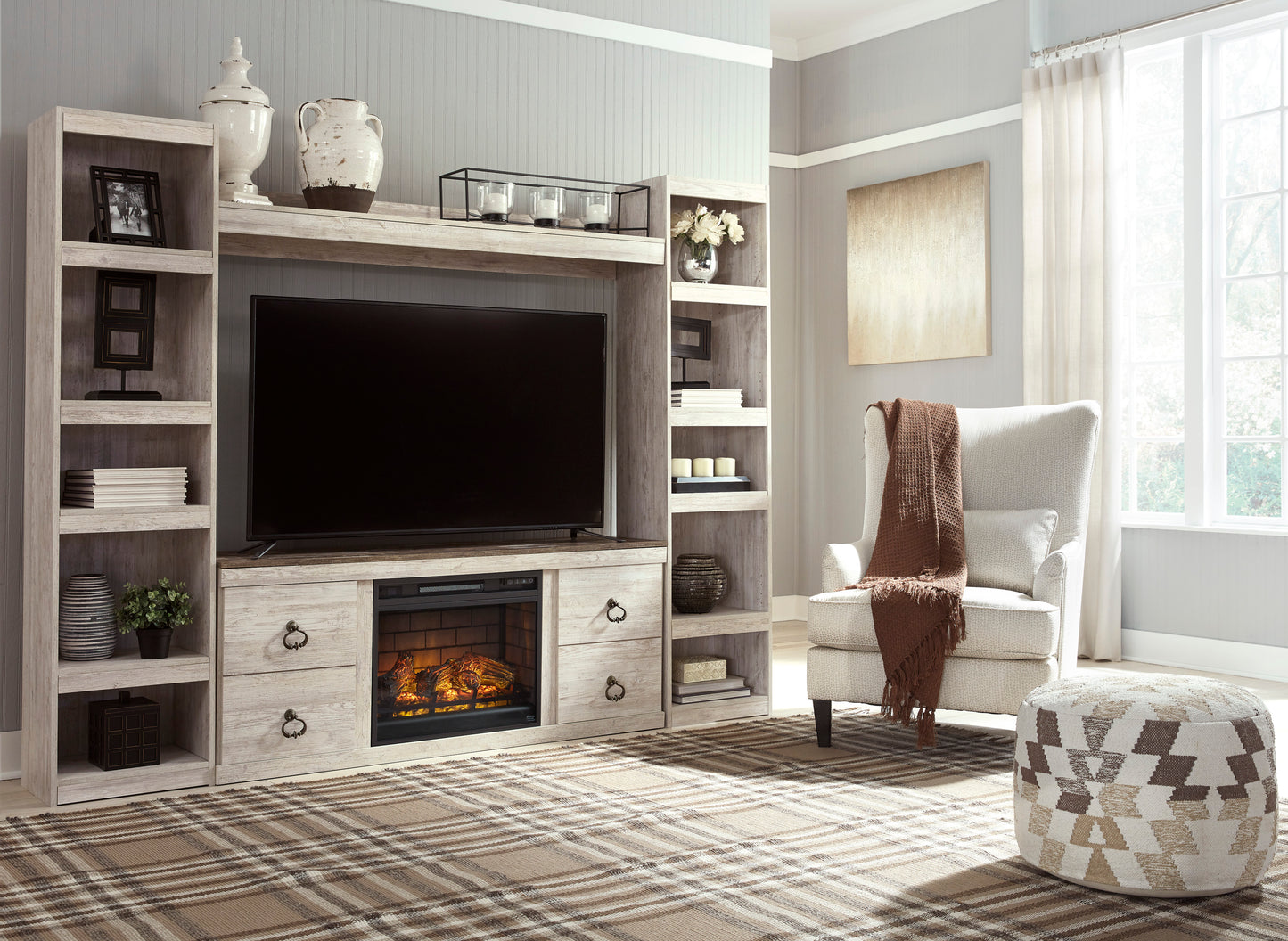 Ashley Willowton 4-Piece Entertainment Center with 60" TV Stand and Electric Fireplace Insert