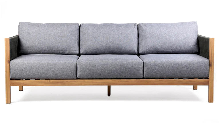 Gray sofa with wooden frame on a white background