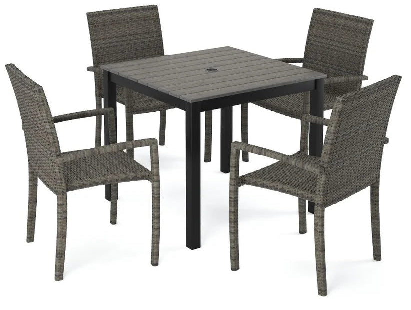 Outdoor furniture set with a square table and four chairs on a white background
