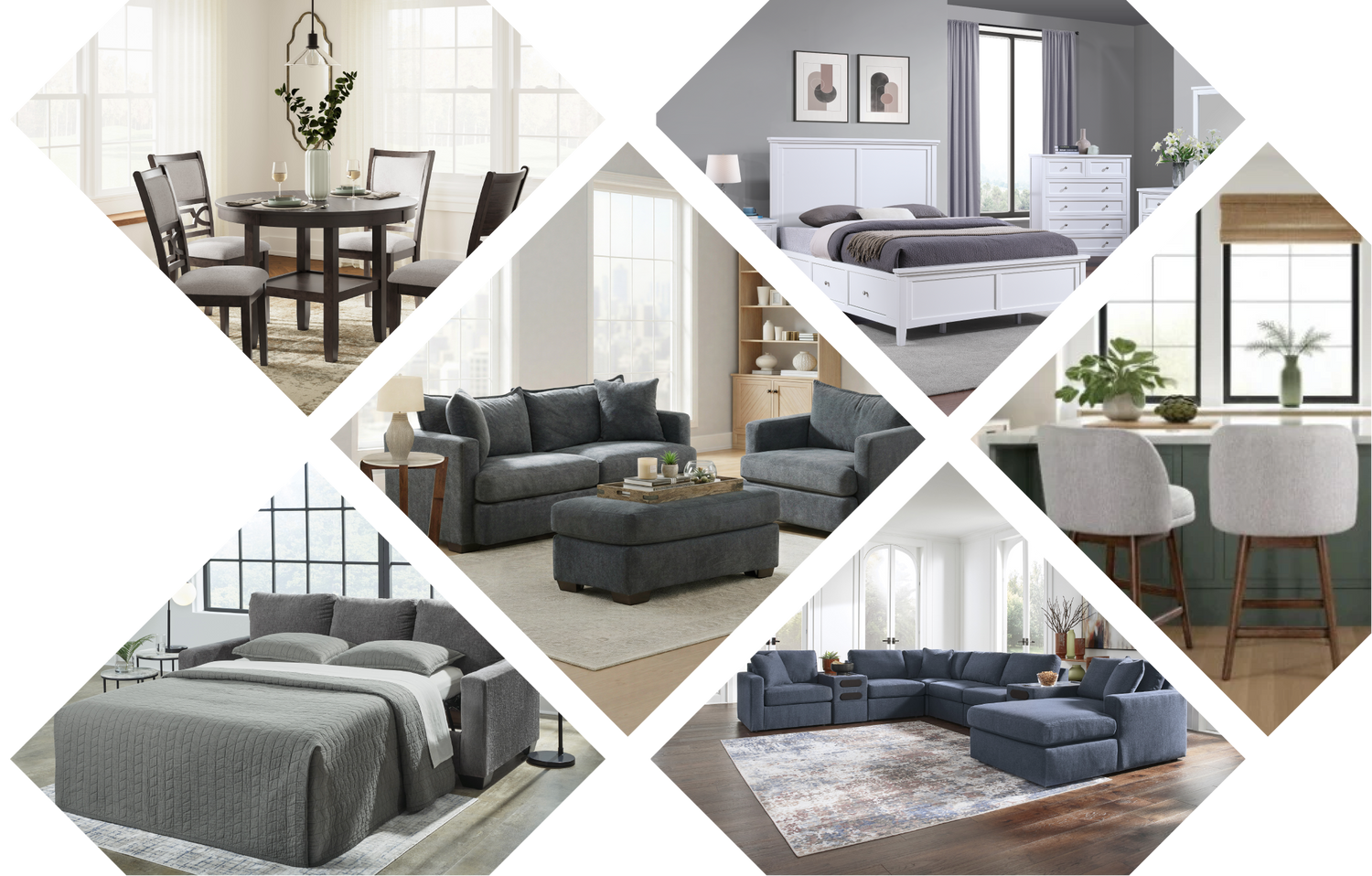 Collage of furniture including sofas, dining tables, barstools, sofa beds, beds, and sectionals.