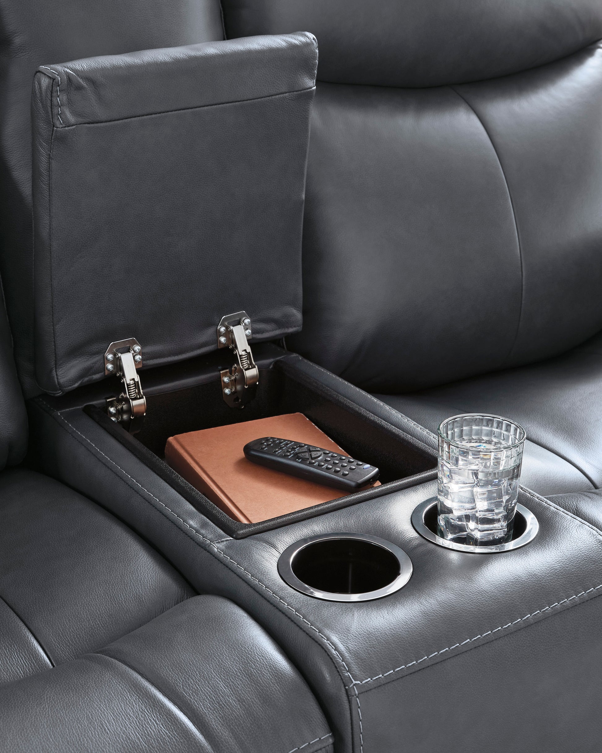 Momentum Moves Leather Power Reclining Console Loveseat with Adjustable Headrest