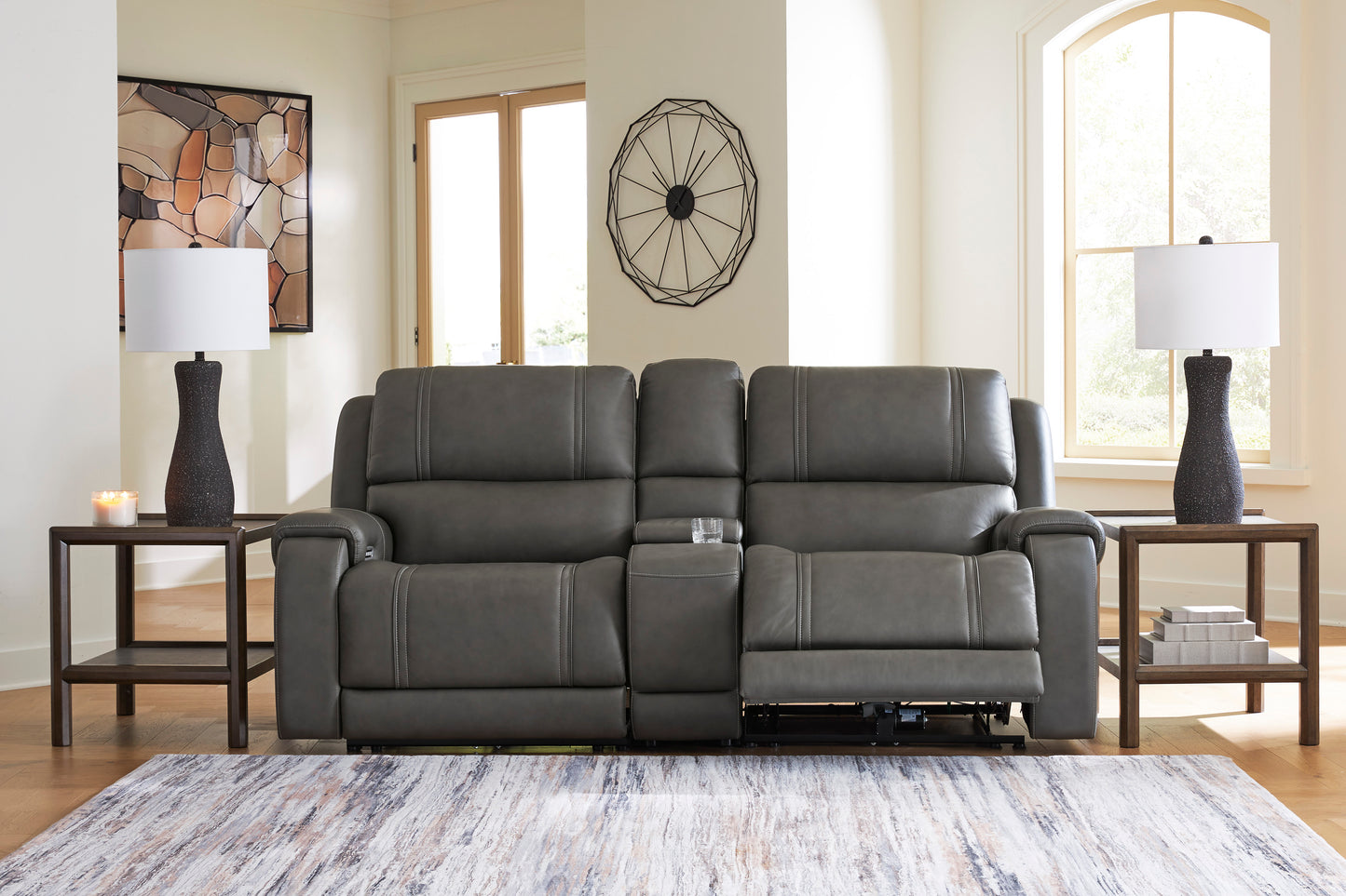 Ashley 5Z-Harrenhurst 3-Piece Leather Dual Power Reclining Modular Loveseat with Console