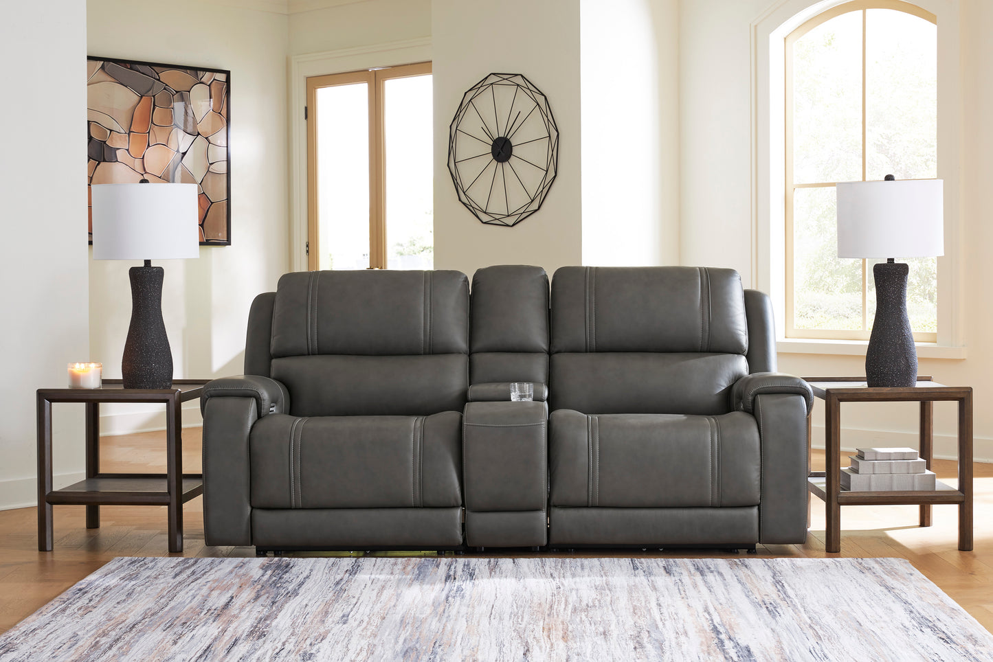 Ashley 5Z-Harrenhurst 3-Piece Leather Dual Power Reclining Modular Loveseat with Console