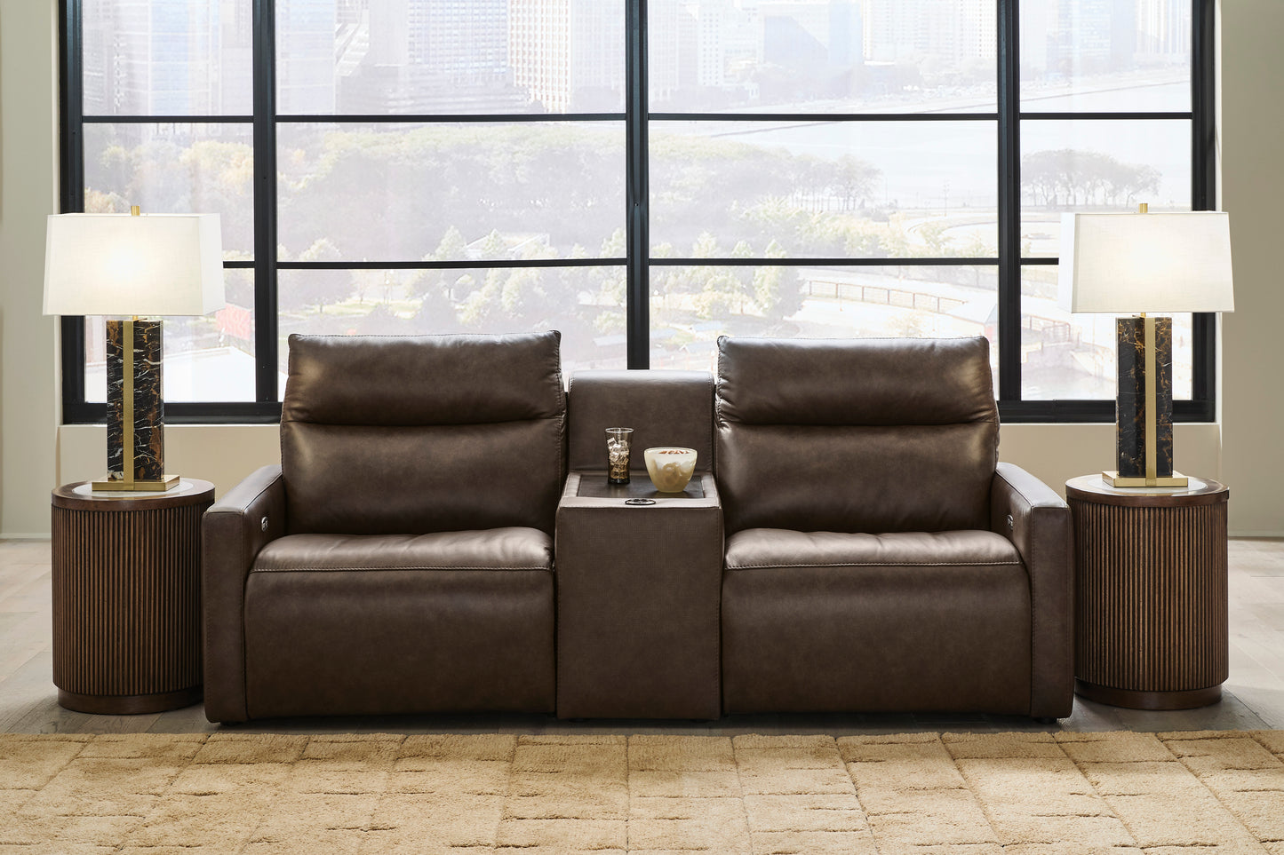 ModZ 3-Piece Power Reclining Sectional Loveseat with Audio Console Chocolate