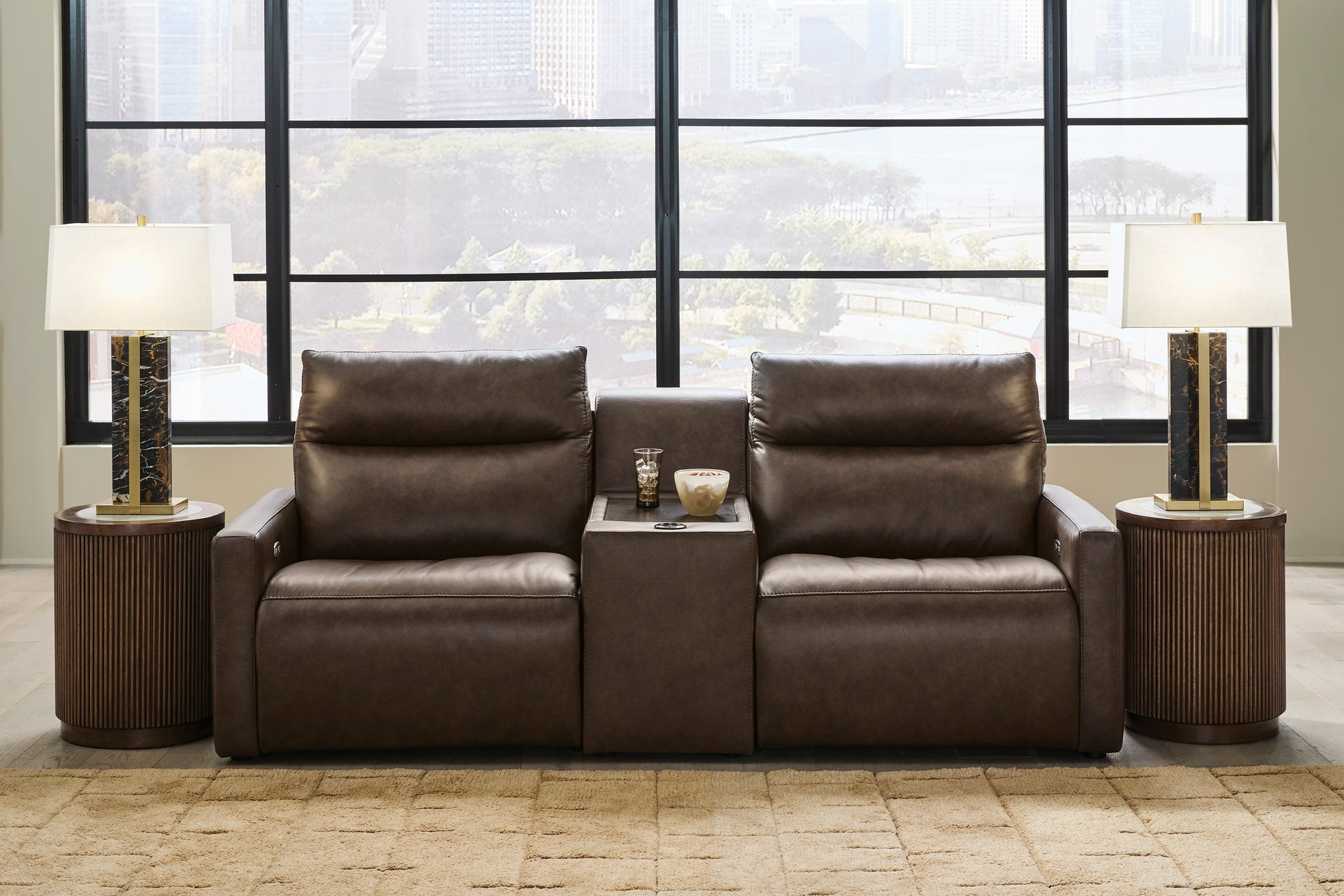 ModZ 3-Piece Power Reclining Sectional Loveseat with Audio Console Chocolate