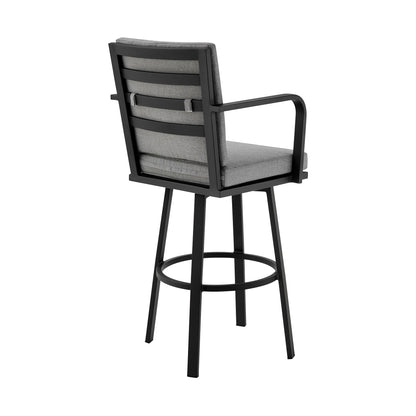 Don 26" Outdoor Patio Swivel Counter Stool in Black Aluminum with Grey Cushions