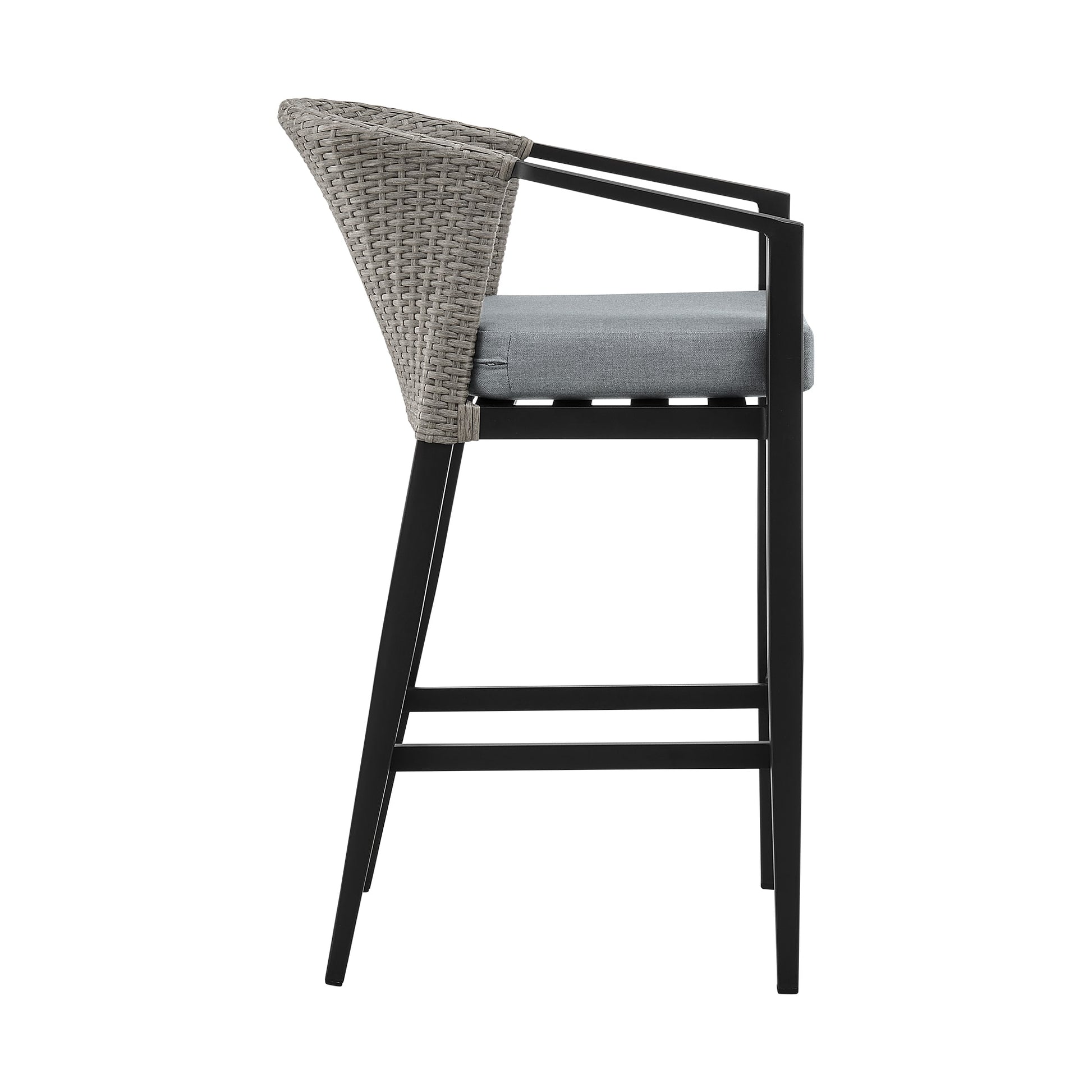 Aileen Outdoor Patio Counter Height Bar Stool in Aluminum and Wicker with Gray Cushions