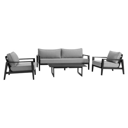Grand 4 Piece Black Aluminum Outdoor Seating Set with Dark Gray Cushio
