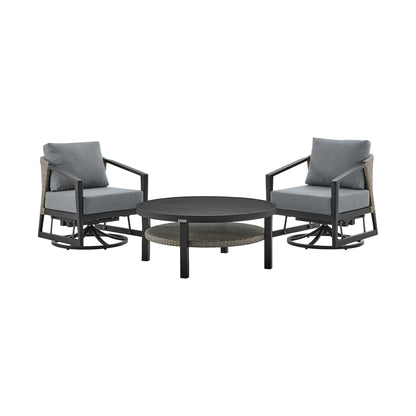 Aileen 3 Piece Patio Outdoor Swivel Seating Set in Black Aluminum with Gray Wicker and Cushions