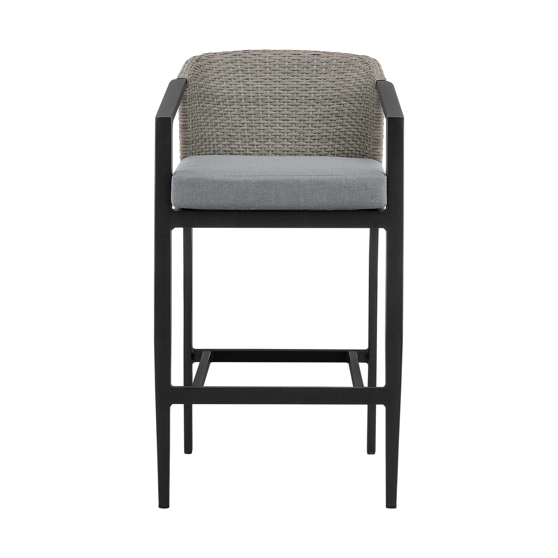 Aileen Outdoor Patio Bar Stool in Aluminum and Wicker with Gray Cushions