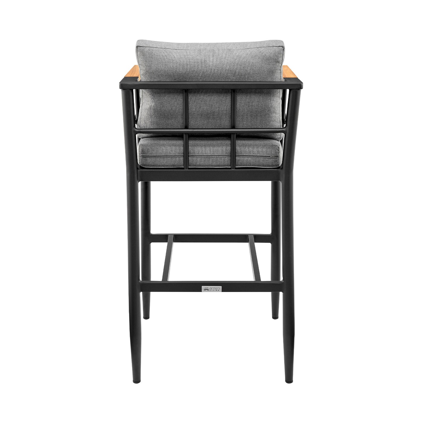 Wiglaf Outdoor Patio Bar Stool in Aluminum and Teak with Gray Cushions