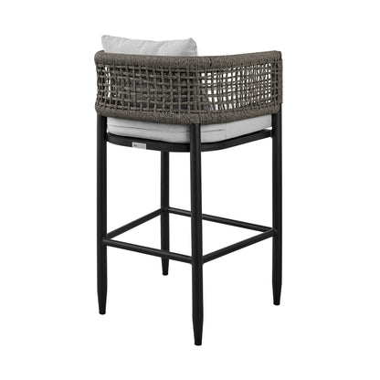 Felicia Outdoor Patio Bar Stool in Aluminum with Gray Rope and Cushions