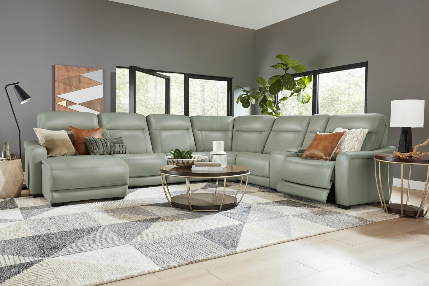 Newport 6-Piece Mint Leather Power Reclining Sectional with Chaise