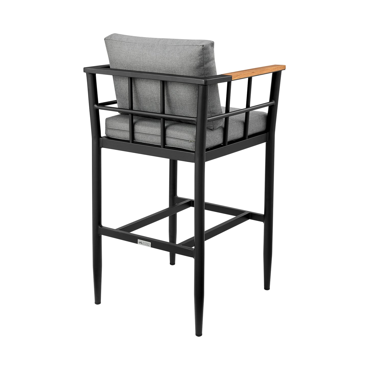 Wiglaf Outdoor Patio Bar Stool in Aluminum and Teak with Gray Cushions