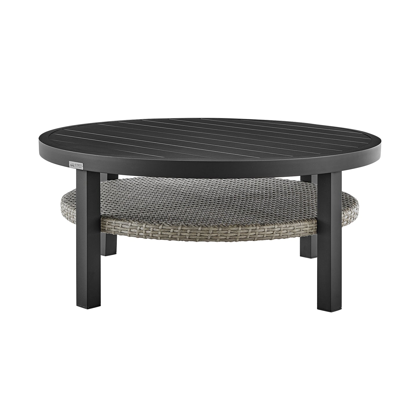 Aileen Outdoor Patio Round Coffee Table in Black Aluminum with Gray Wicker Shelf