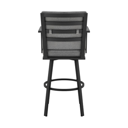 Don 26" Outdoor Patio Swivel Counter Stool in Black Aluminum with Grey Cushions