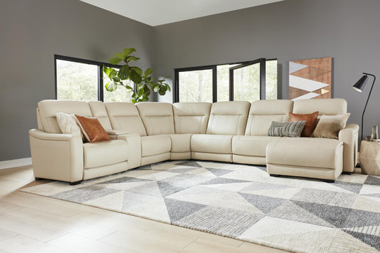 Newport 6-Piece Almond Leather Power Reclining Sectional with Chaise Right-Facing