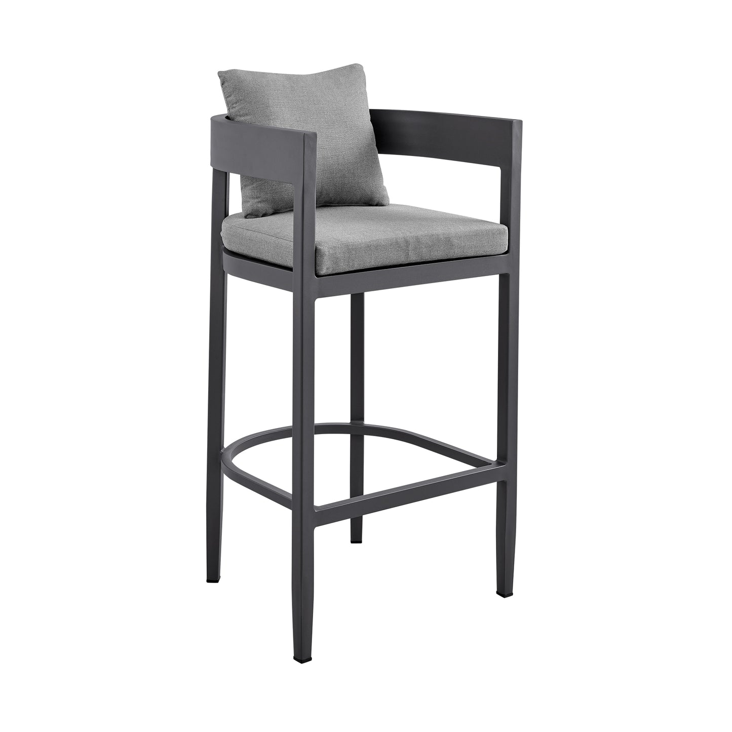 Argiope Outdoor Patio Counter Height Bar Stool in Aluminum with Gray Cushions