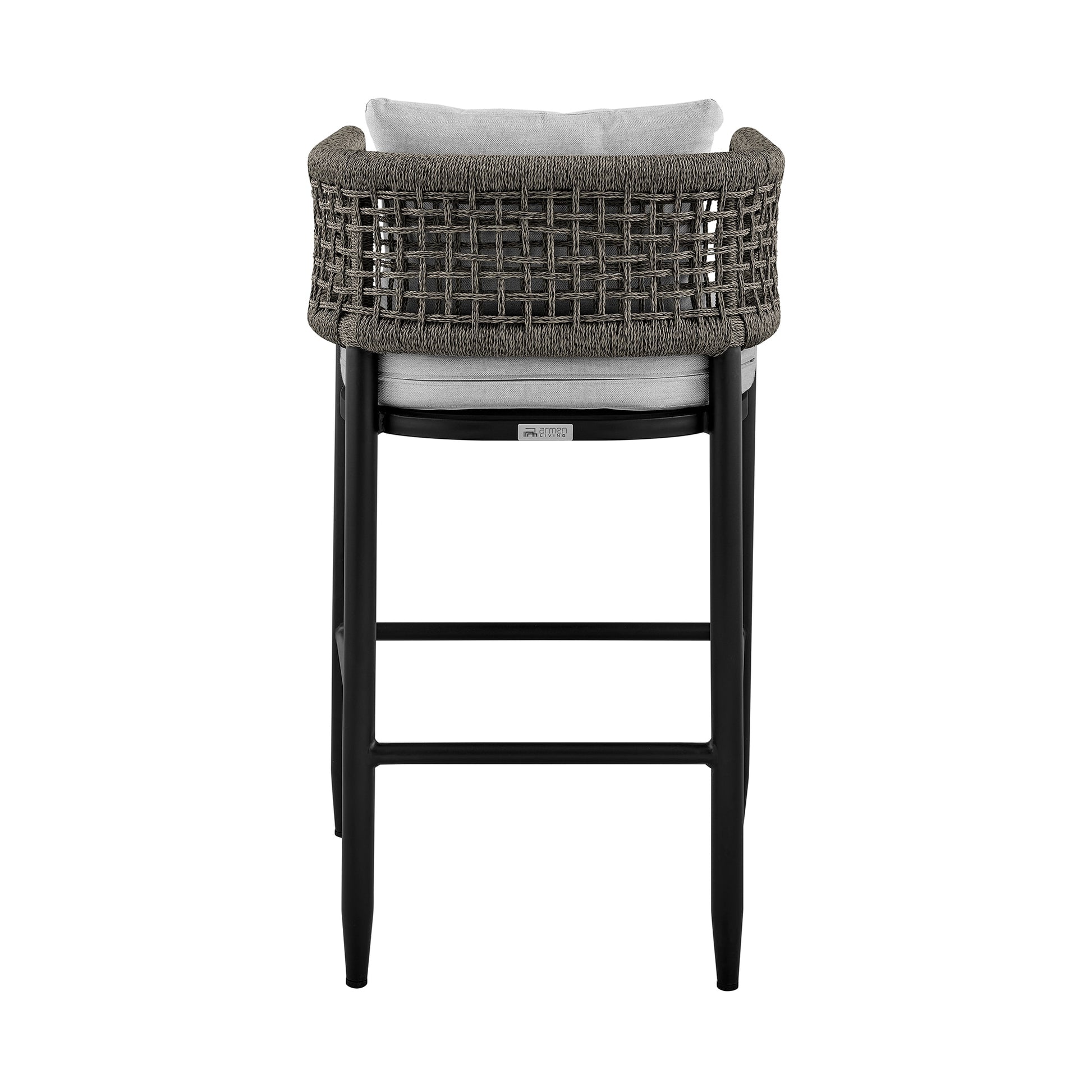 Felicia Outdoor Patio Counter Height Bar Stool in Aluminum with Gray Rope and Cushions