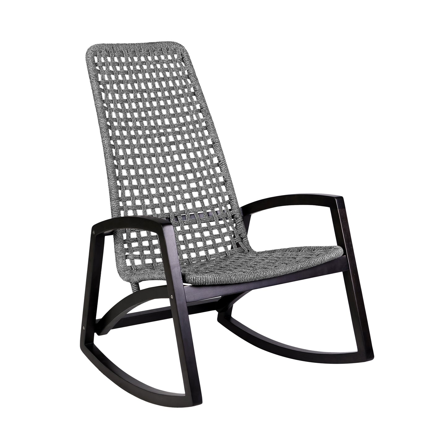 Sequoia Outdoor Patio Rocking Chair in Dark Eucalyptus Wood and Gray Rope