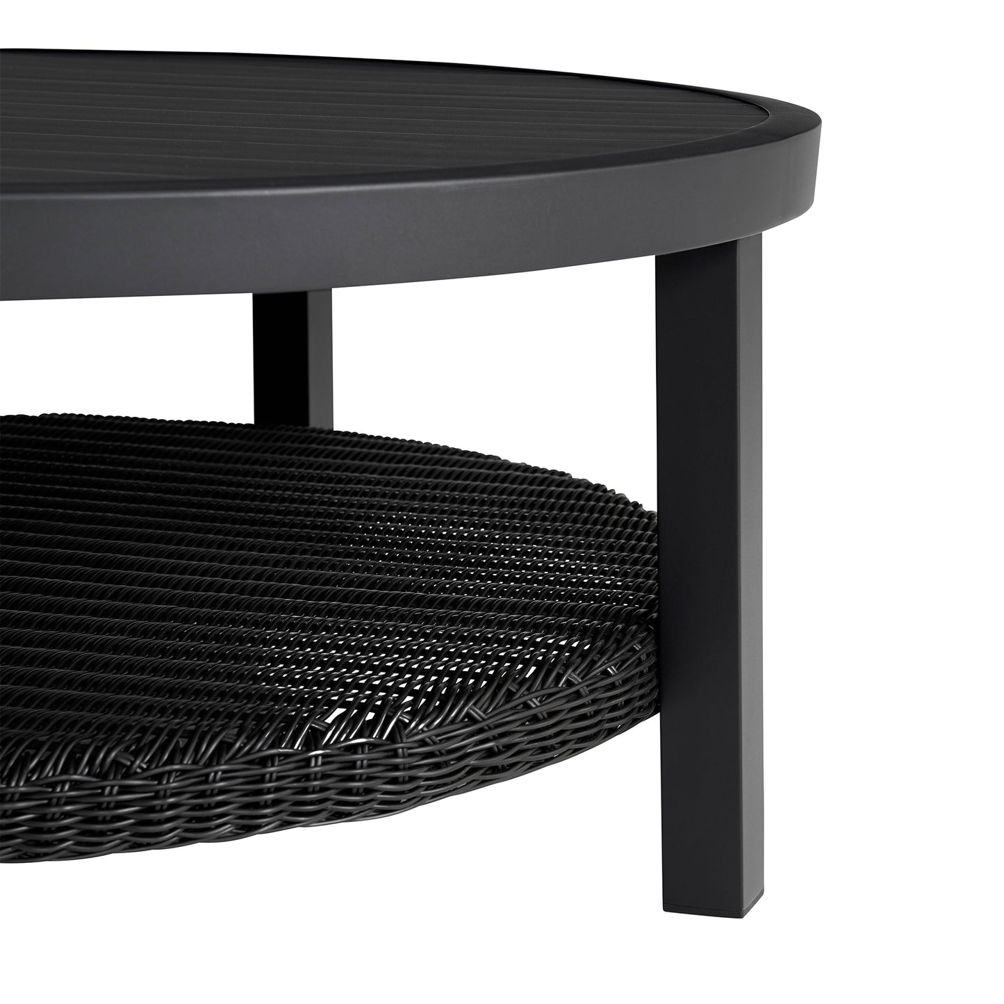 Grand Black Aluminum Outdoor Round Conversation Table with Wicker Shelf