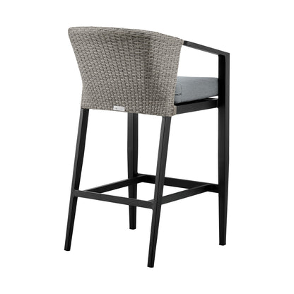 Aileen Outdoor Patio Bar Stool in Aluminum and Wicker with Gray Cushions