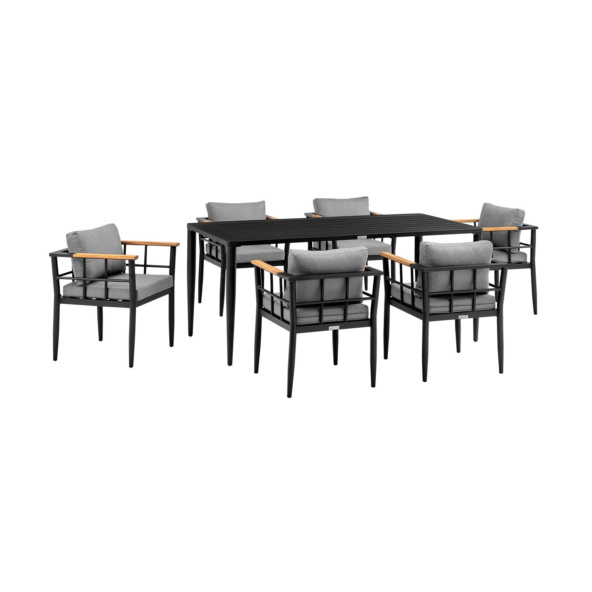 Beowulf Outdoor Patio 7-Piece Dining Table Set in Aluminum and Teak with Gray Cushions