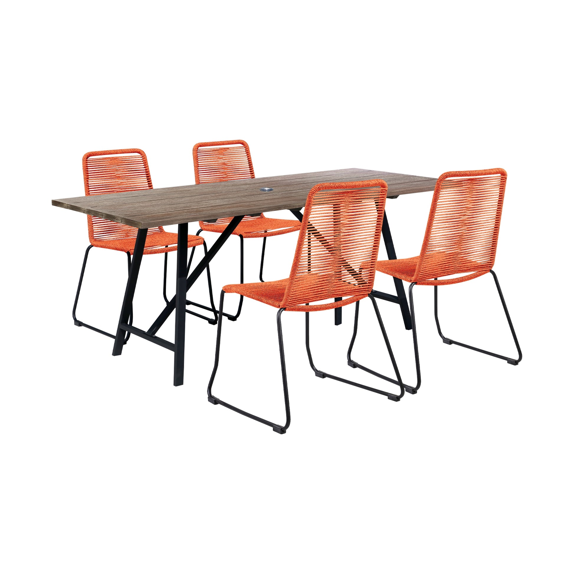 Koala and Shasta 5 Piece Outdoor Patio Dining Set in Light Eucalyptus Wood and Tangerine Rope