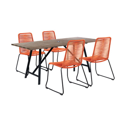 Koala and Shasta 5 Piece Outdoor Patio Dining Set in Light Eucalyptus Wood and Tangerine Rope